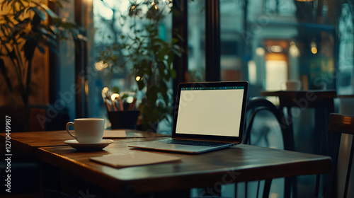 Wallpaper Mural Warm Café Interior with Remote Work Essentials,Stylish Workspace by the Window Torontodigital.ca