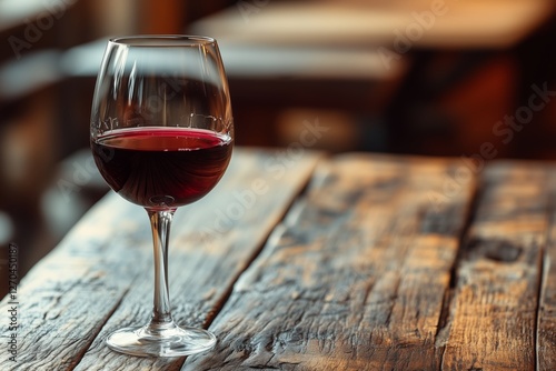 Glass of red wine on rustic wooden table in a cozy indoor setting during even...