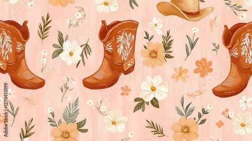 Rustic floral cowboy boots hat seamless pattern textile