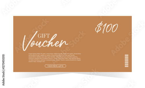 Gift voucher template in brown colors. Elegant minimal design. Sale, promotion, certificate. Vector illustration for photography, cosmetics, jewelry, adventure, luxury