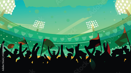 A vibrant, cheering crowd at a stadium waving colorful banners, showcasing joyous celebration and sporting event energy.