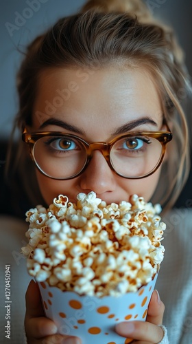 Young person enjoying popcorn at a cinema during a movie screening with friends