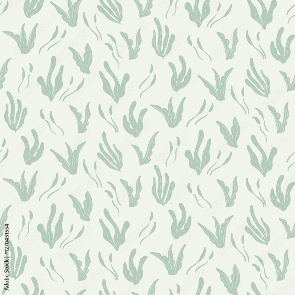 Simple scattered underwater weeds swaying with waves in a color palette of mint green on off white background. Minimal sea life seamless vector pattern. Great for home decor, fabric, wallpaper, gifts.