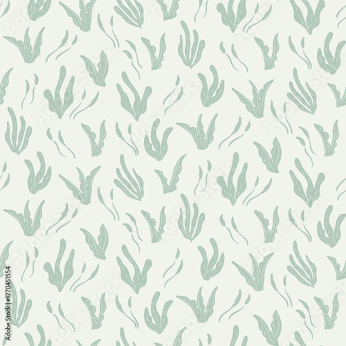 Simple scattered underwater weeds swaying with waves in a color palette of mint green on off white background. Minimal sea life seamless vector pattern. Great for home decor, fabric, wallpaper, gifts.