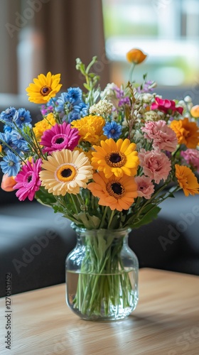 Colorful bouquet of fresh flowers in a glass vase on a wooden table in a brig...