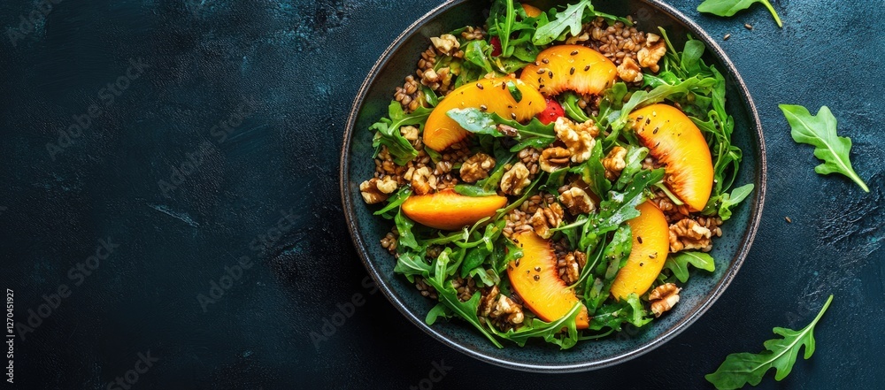 Peach Quinoa Salad Bowl, Dark Background, Recipe Peach Quinoa Salad Bowl, Dark Background, Recipe