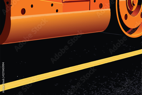 Close-up detailed shot of an asphalt paving machine in operation, showcasing its rollers and the freshly laid asphalt.  Focus on the texture and process.
