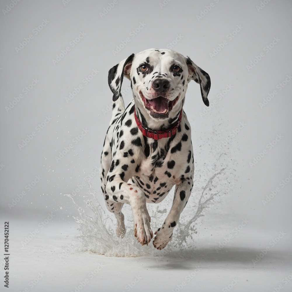 A Dalmatian running playfully on a white background. A Dalmatian running playfully on a white background.