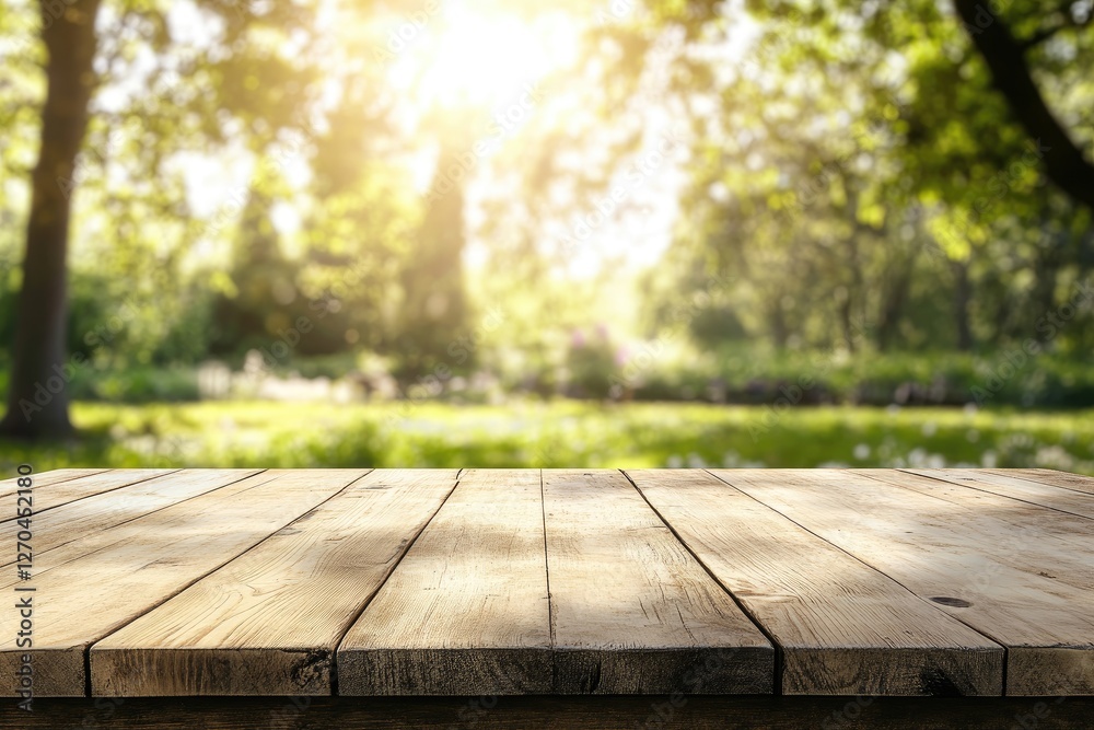 Sunny park wooden table, bokeh background, summer product display Sunny park wooden table, bokeh background, summer product display