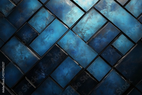 Geometric pattern featuring layered dark blue squares and rectangles on a tex...