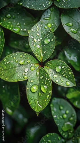 Close-up of a dewy green leaf with water droplets in a lush garden after rain
