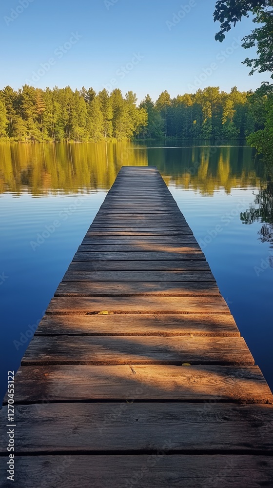 Naklejka premium Serene wooden dock on a calm lake surrounded by lush green trees in bright daylight