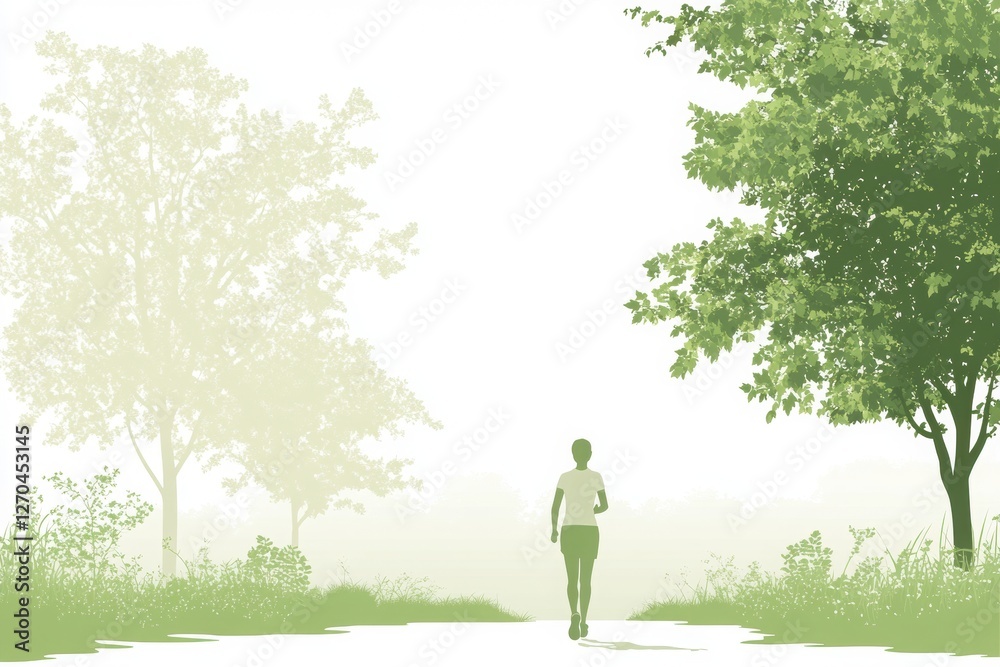 A serene scene of a person walking along a path surrounded by trees, engulfed in soft green hues and mist, evoking tranquility and nature's beauty. A serene scene of a person walking along a path surrounded by trees, engulfed in soft green hues and mist, evoking tranquility and nature's beauty.