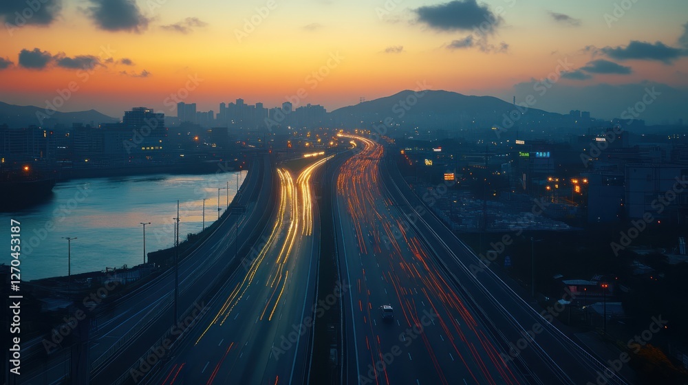 Obraz premium Sunset highway traffic cityscape aerial view