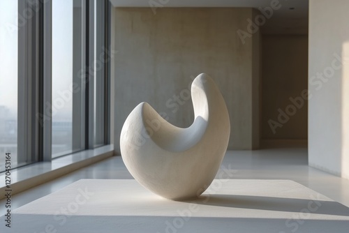 Stylish white interior with circular window and soft natural light in modern ...