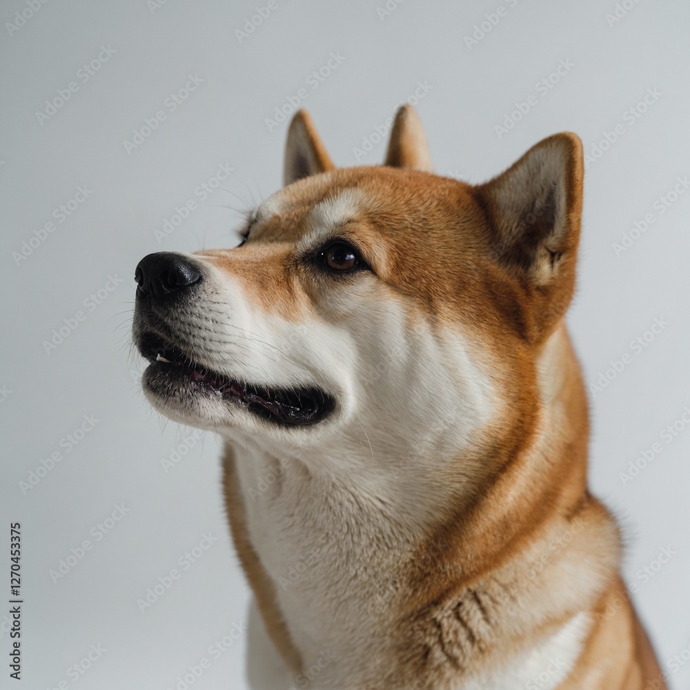 A Shiba Inu tilting its head curiously on a white surface. A Shiba Inu tilting its head curiously on a white surface.