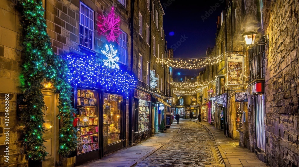 Naklejka premium Enchanting Christmas Night in Scotland's Historic Street