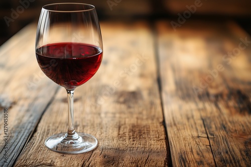 Glass of red wine on rustic wooden table in a cozy indoor setting during even...