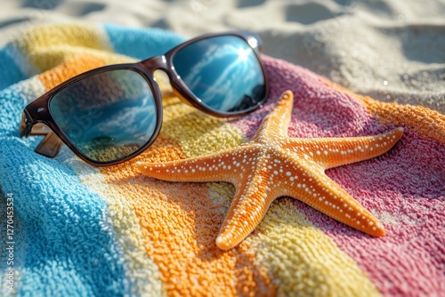 Sunny beach day with sunglasses and starfish on colorful towel