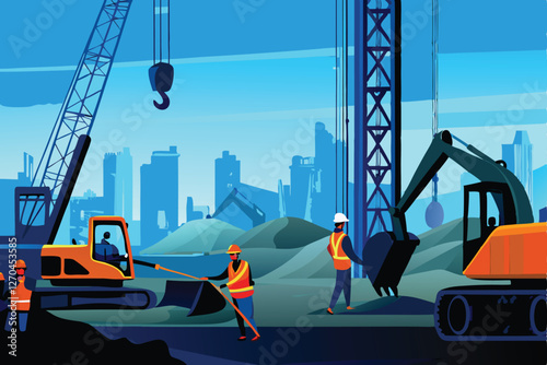 Vibrant illustration of diverse construction workers in action, showcasing various tools and equipment on a construction site.  Focus on bright colors and dynamic poses.