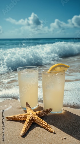 Two refreshing drinks with lemon slice next to a starfish on sandy beach duri...