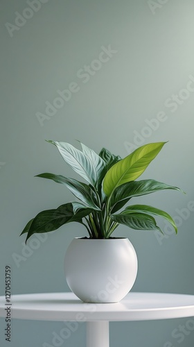 Elegant green leaves in a simple white vase on a minimalistic table