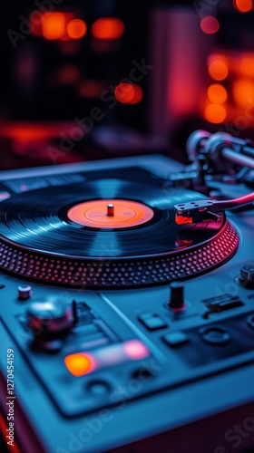 Vibrant turntable setup with record spinning in low light environment during ...