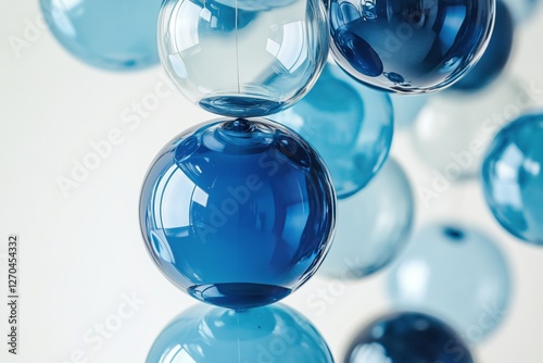 Colorful blue glass spheres hanging in a modern interior design