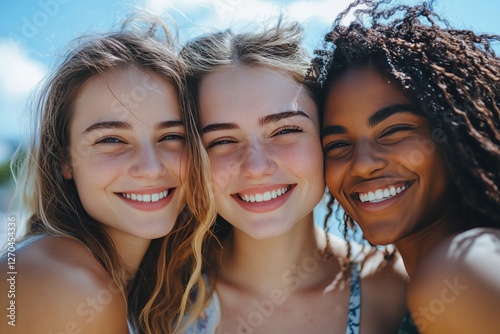 Three women with curly hair smile together at a tropical location during the day