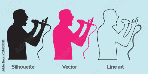 silhouette of man singer with microphone hand drawing line art vector illustration