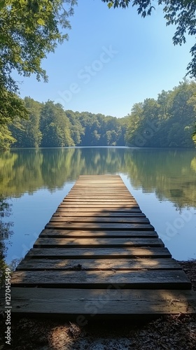 Serene wooden dock on a calm lake surrounded by lush green trees in bright da...