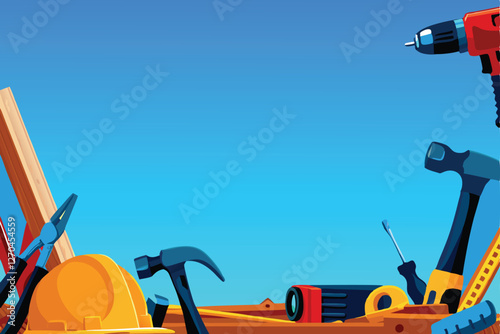 Create a detailed background image depicting a construction site, showcasing various tools like hammers, wrenches, and levels.  Include realistic textures and lighting.
