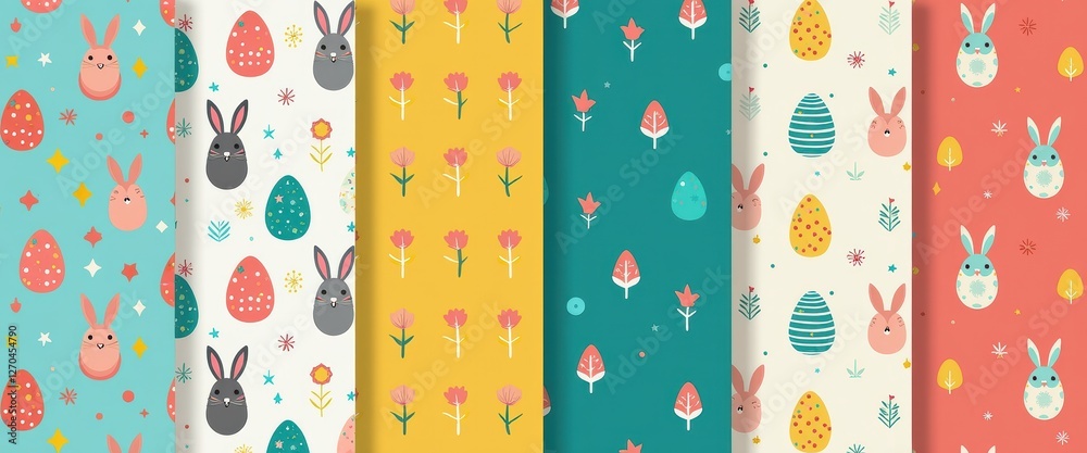 Vibrant Easter Patterns Collage: Stylized Rabbits, Flowers, and Intricate Eggs in Bright and Muted Colors. A set of four seamless patterns featuring cute rabbits and eggs. Vibrant Easter Patterns Collage: Stylized Rabbits, Flowers, and Intricate Eggs in Bright and Muted Colors. A set of four seamless patterns featuring cute rabbits and eggs.