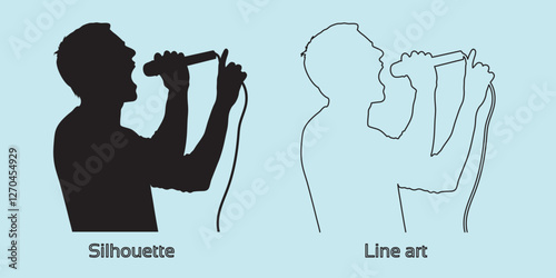 silhouette of man singer with microphone hand drawing line art vector illustration