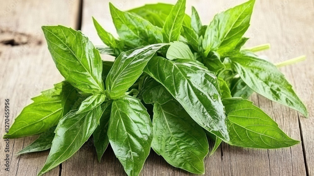 Fresh Green Basil Leaves on Wooden Surface Fresh Green Basil Leaves on Wooden Surface