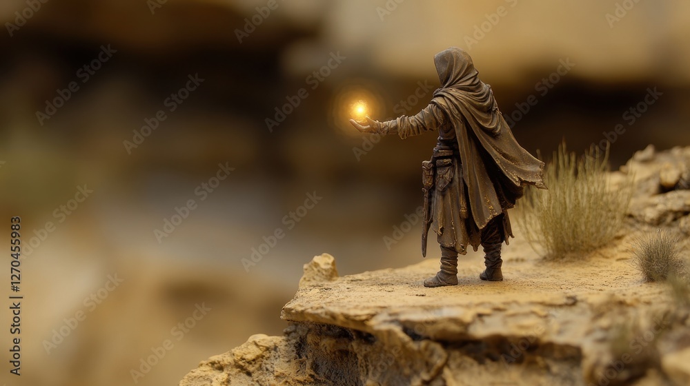 Fototapeta premium Mysterious Figure Casting Magic on Desert Edge at Dusk
