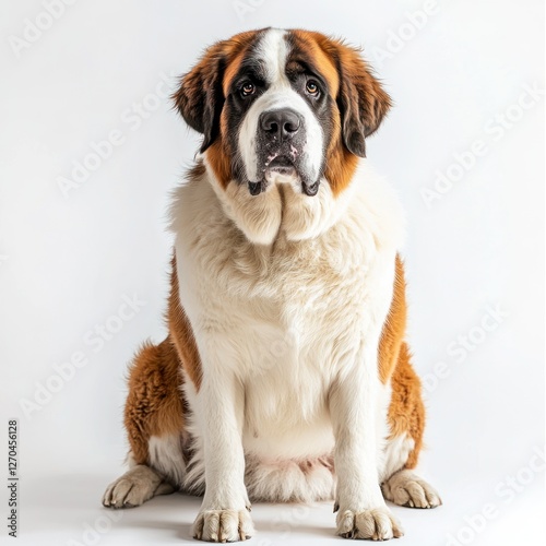 Saint Bernard dog studio portrait, sitting, white background, pet adoption