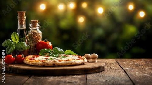 Outdoor pizza on rustic wooden table with herbs and sauces, blurred garden background