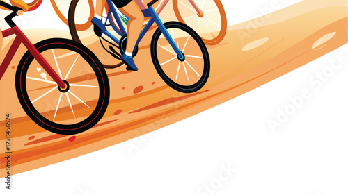Create a vibrant vector illustration of a cycling race, featuring diversely colored bicycles and dynamic action.  Include speed lines and a sense of competition.