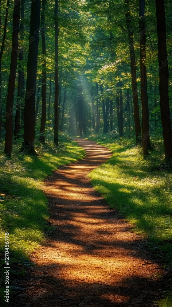 Obraz premium Sunbeams illuminating path through green forest in summer