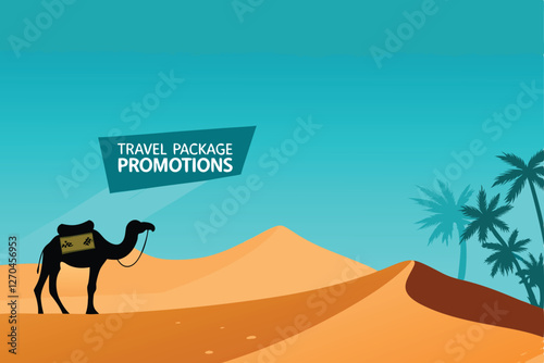 A sun-drenched desert landscape; a friendly camel offers travel packages, showcasing luxurious desert adventures.