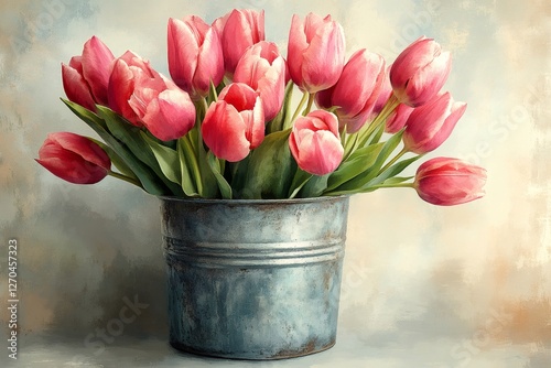 Pink tulips bouquet in a rustic metal bucket standing on a table