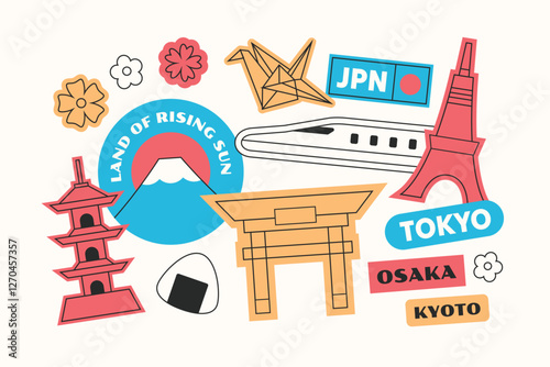 Japan travel stickers elements collection in flat style