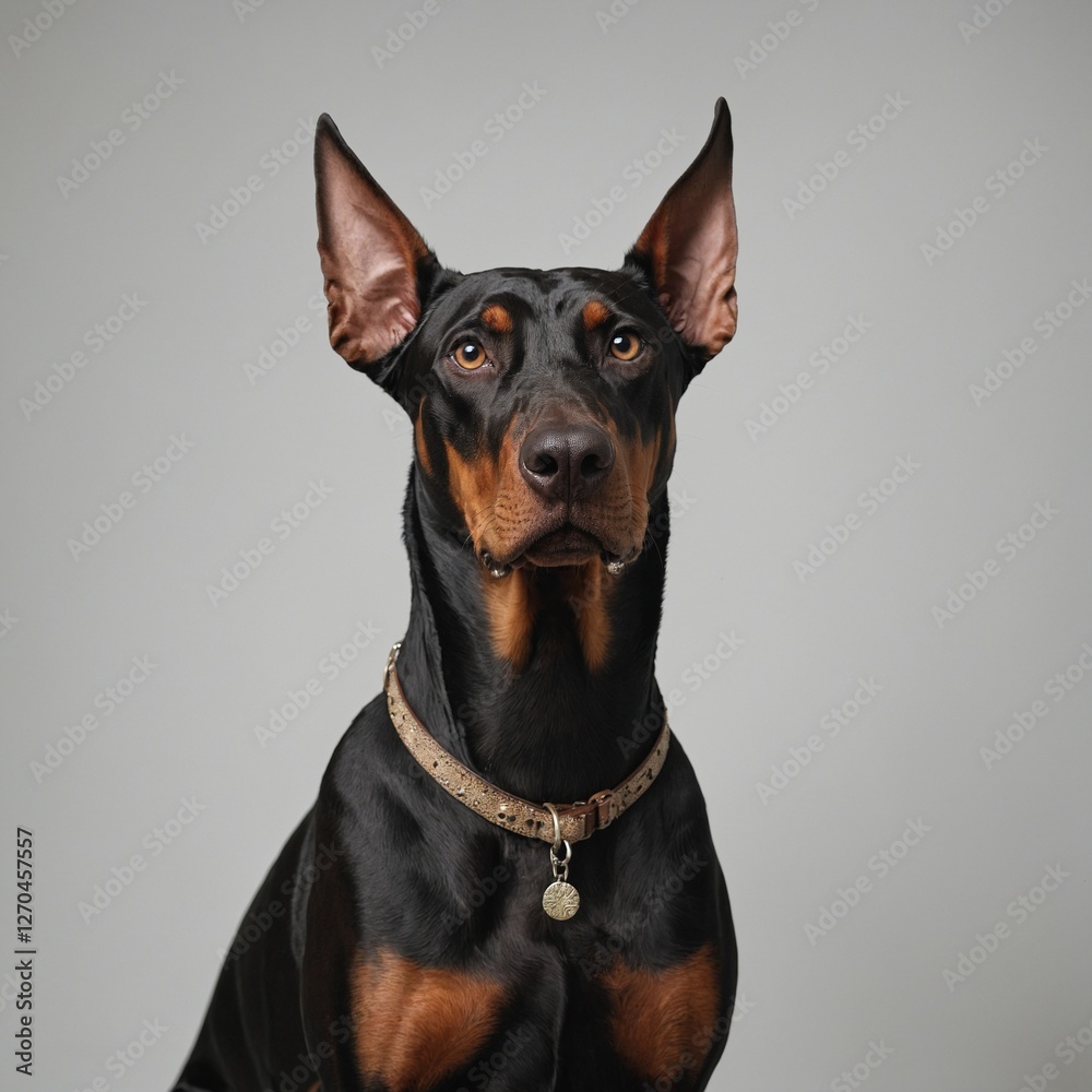 A Doberman standing alert and focused on a white background. A Doberman standing alert and focused on a white background.