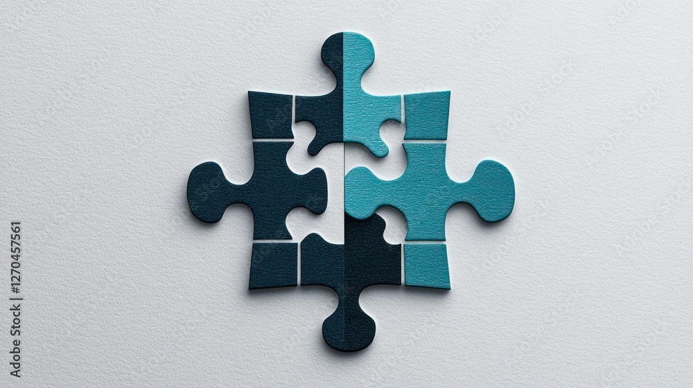 Obraz premium Teal puzzle pieces merging on white background, teamwork concept