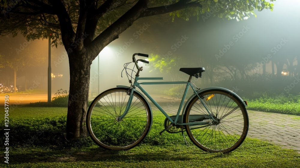 Fototapeta premium Nightfall Serenity: A Pale Blue Bicycle Rests Under the Mist-Shrouded Trees