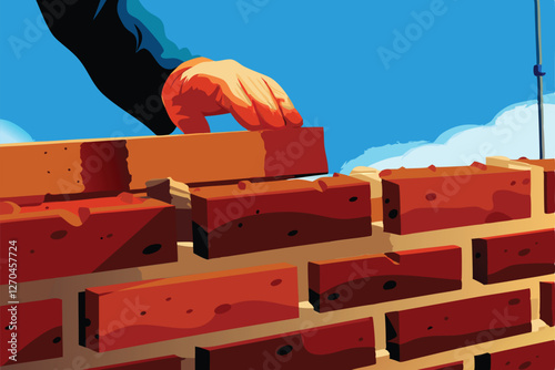 A detailed close-up shot of a bricklayer meticulously laying bricks on a wall, showcasing the precise placement and mortar application.
