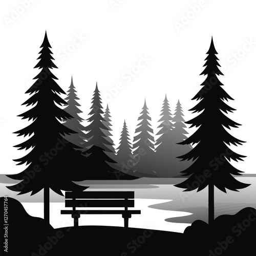 "A misty forest with pine trees faded in the fog. A single wooden bench stands beside a calm, still lake, evoking a sense of solitude." But there are no people there.