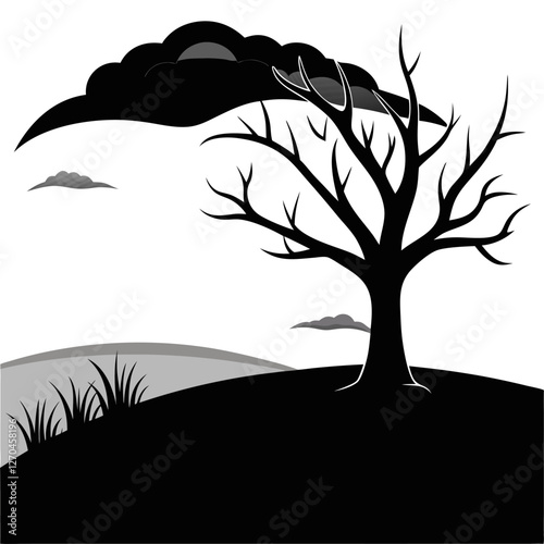 "A desolate field of withered grass under a heavy, clouded sky. A single, bare tree stands in the distance, its twisted limbs stark against the gray expanse." silhouette vector art illustration  