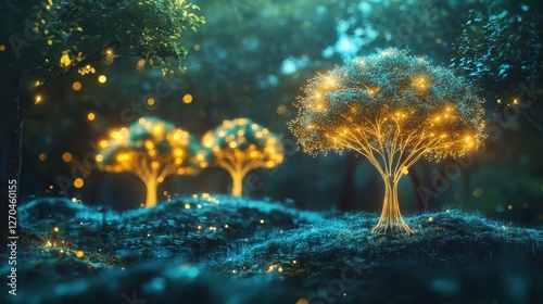 Sustainable Businesses A digital network of interconnected glowing trees, symbolizing the harmony between technology, ecology, and sustainability, illuminating the path towards a greener future.